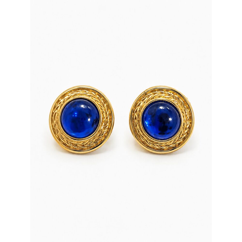 Vintage Gold Tone Cobalt Blue Cabochon Stud Earrings Round Textured Border